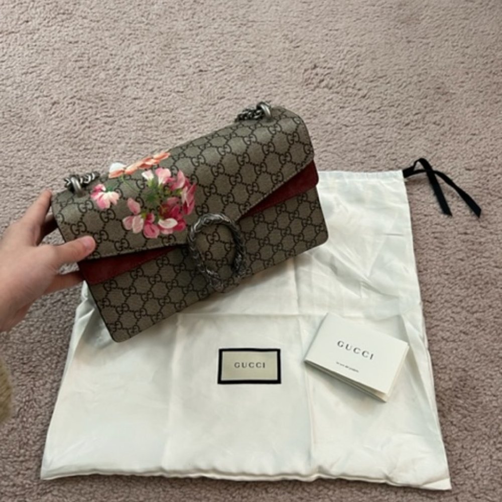 Gucci Dionysus GG Supreme Bloom Floral Medium Shoulder Chain Bag New Authentic